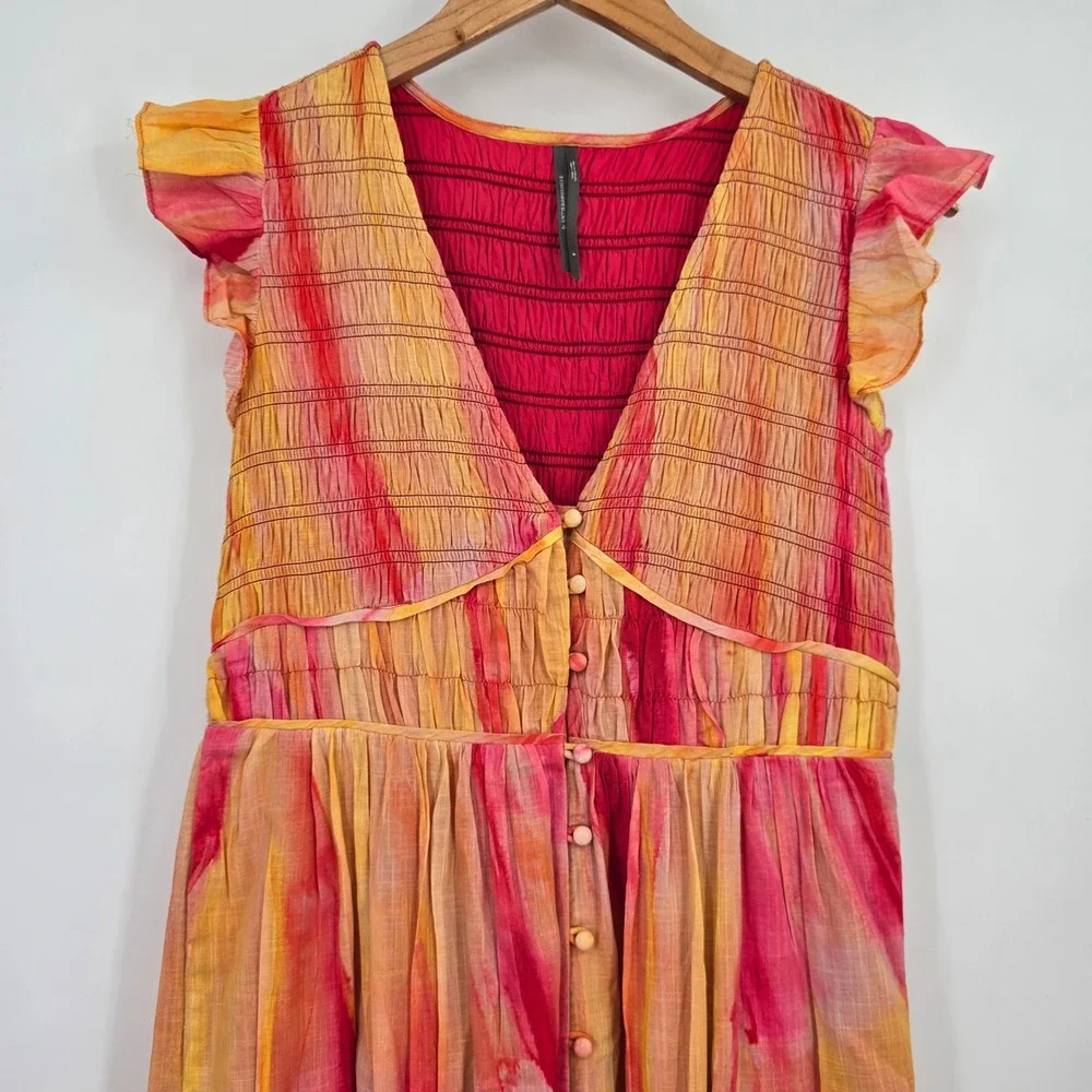 Anthropologie Watercolor Smocked Maxi Dress Peregrine Midi Boho Flutter Sleeve - Picture 3 of 12
